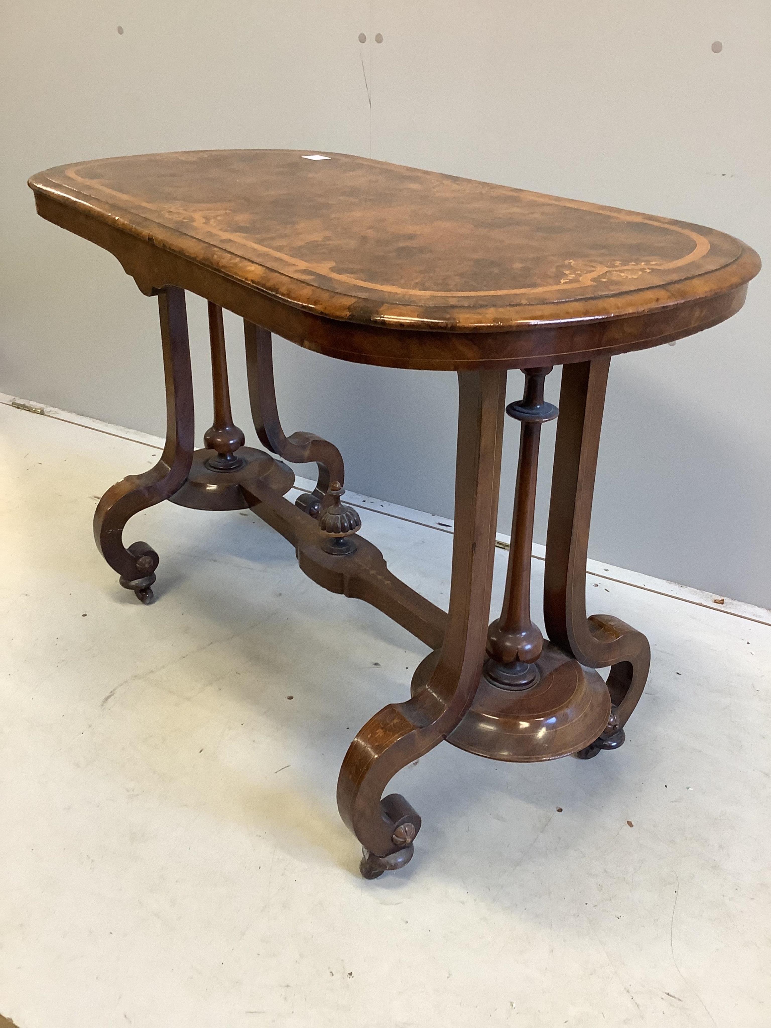 A Victorian inlaid burr walnut rectangular centre table, width 104cm, depth 54cm, height 72cm. Condition - fair to good